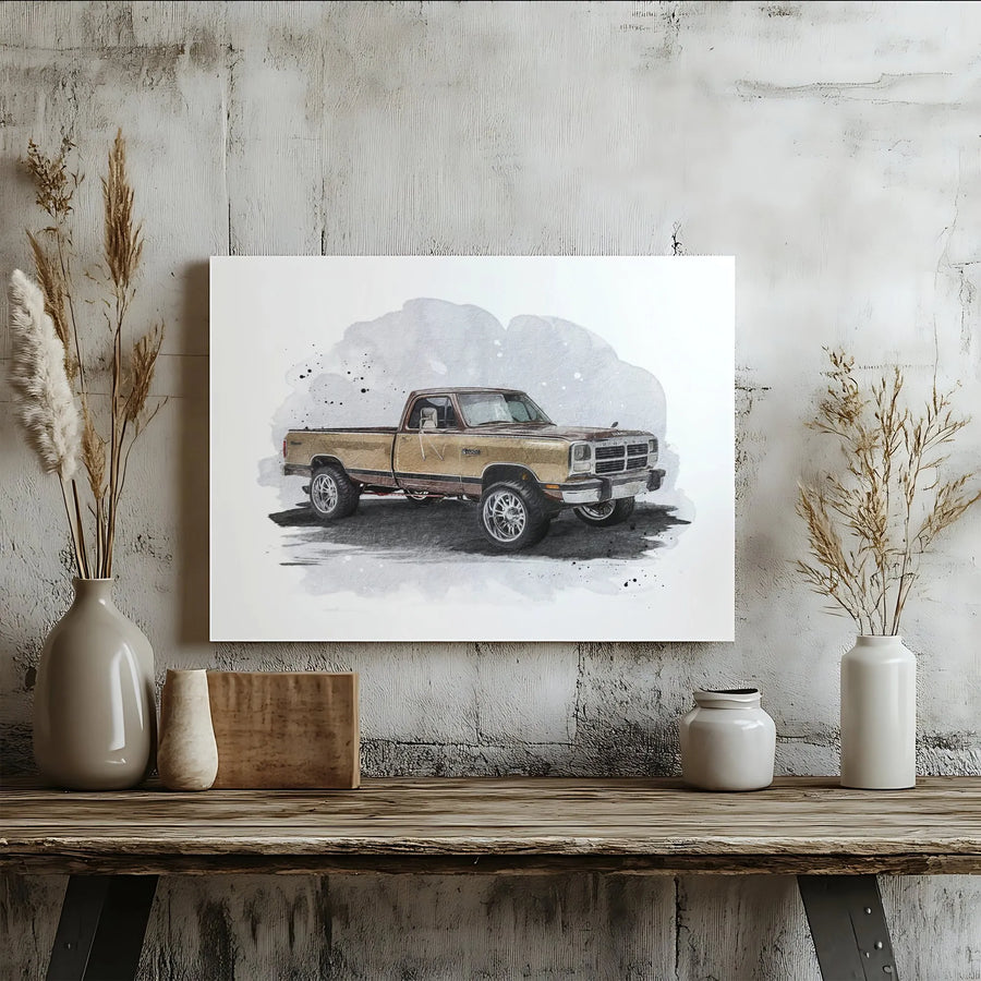 First Gen Pickup Truck Canvas Wall Art | Lifted Classic Truck Watercolor Sketch | Premium Gallery-Wrapped Print | Man Cave & Garage Decor Gift