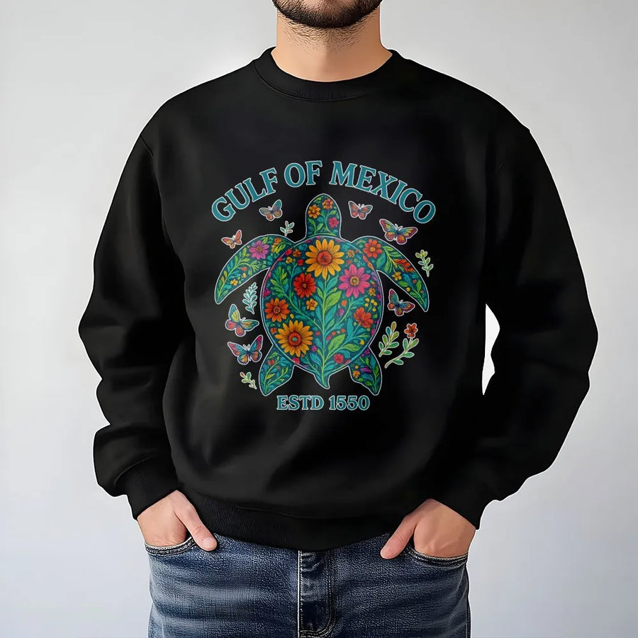 Gulf of Mexico Sea Turtle Sweatshirt | Floral Botanical Marine Life Graphic | Premium Cotton Blend | Coastal Beach Vacation Gift for Women & Men