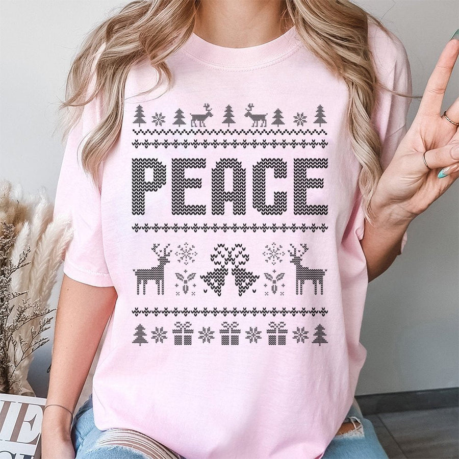 Peace Ugly Christmas T-Shirt | Festive Reindeer Nordic Pattern | Premium 100% Cotton Holiday Top | Matching Couples Xmas Gift For Adults