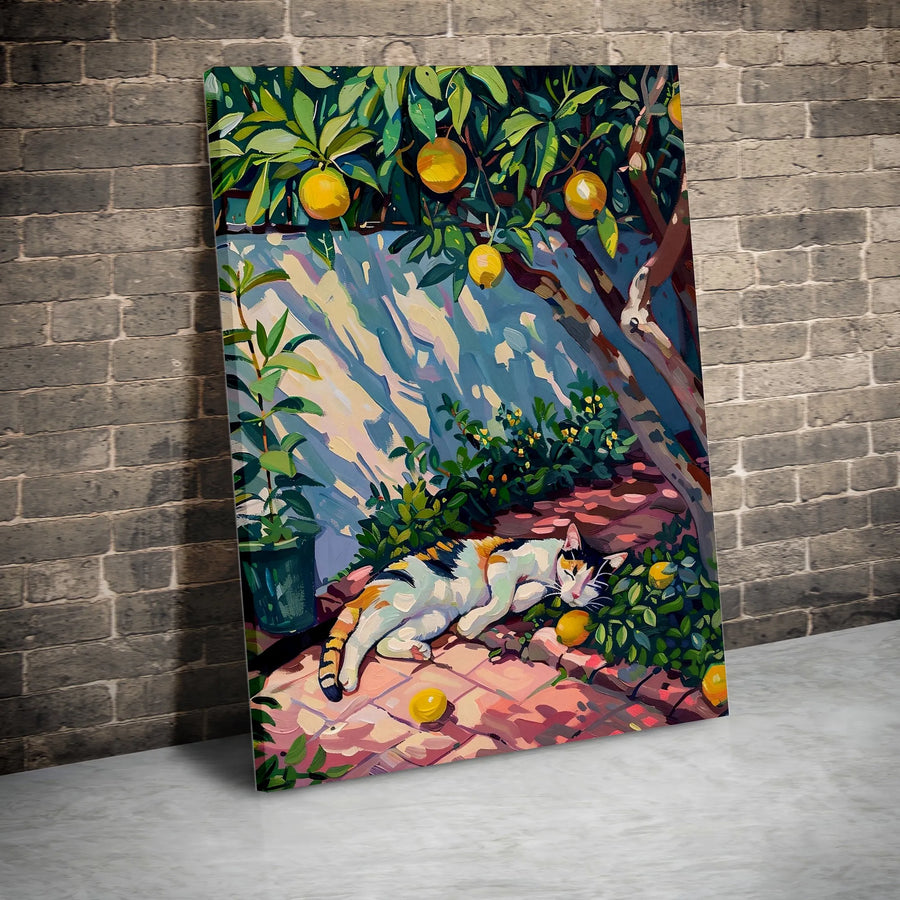 Calico Cat Canvas Wall Art | Painterly Print of Cat Sleeping in Lemon Grove | Premium Gallery Quality Canvas | Gift for Cat Lover & Home Decor