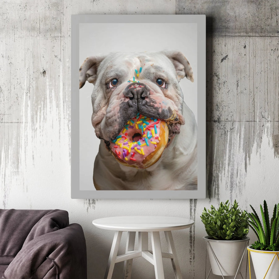 Funny Bulldog Canvas Wall Art | English Bulldog Eating Sprinkle Donut Portrait | Premium Gallery Print | Gift for Dog Lover, Humorous Kitchen Decor