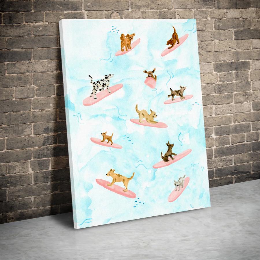 Surfing Dogs Canvas Wall Art | Watercolor Puppy Beach Scene | Premium Thick Gallery Wrap Canvas | Gift for Dog Lover, Coastal Nursery Decor