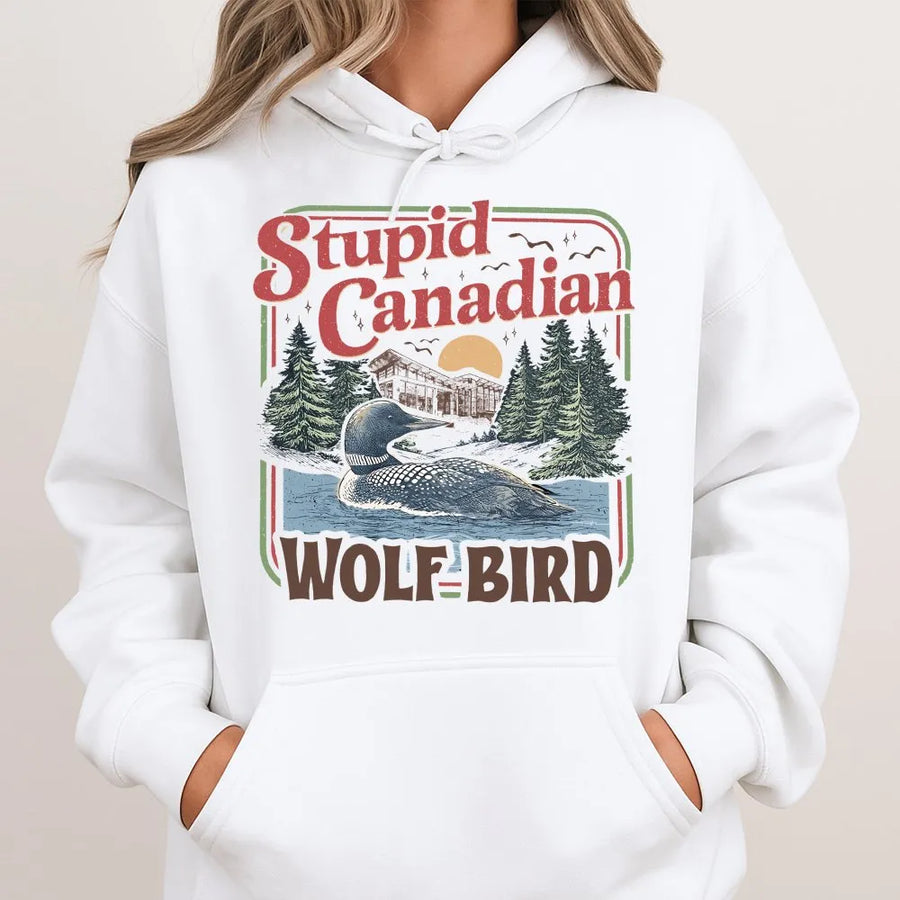 Stupid Canadian Wolf Bird Hoodie | Funny Loon Nature Graphic | Premium Cotton Blend | Unisex Gift for Bird Watchers and Wildlife Lovers
