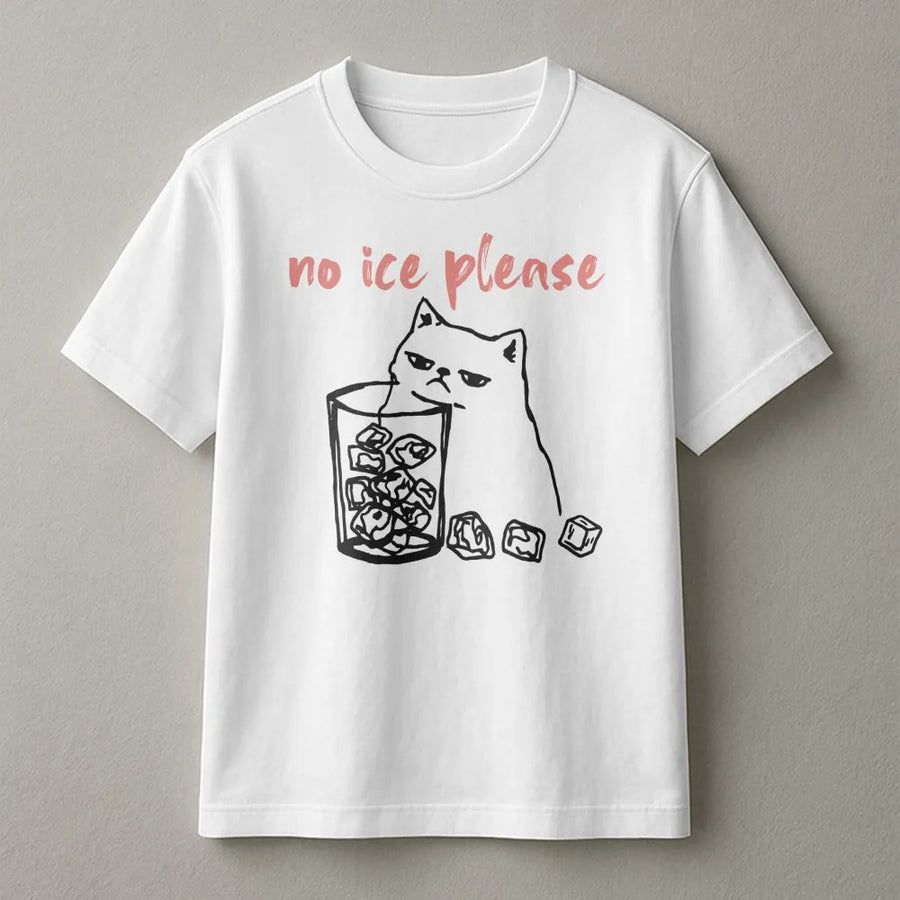 No Ice Please Cat T-Shirt | Grumpy Kitten Drinking Graphic Tee | Premium Soft Cotton Unisex Shirt | Funny Animal Lover Gift for Pet Owners
