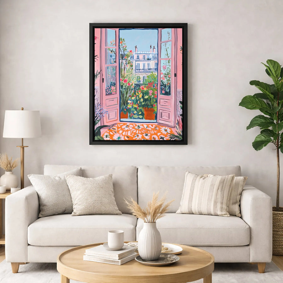 Parisian Window Canvas Print | Pink French Doors & Balcony Flowers | Gallery Quality Thick Profile | Romantic Wall Art Gift for Home Decor