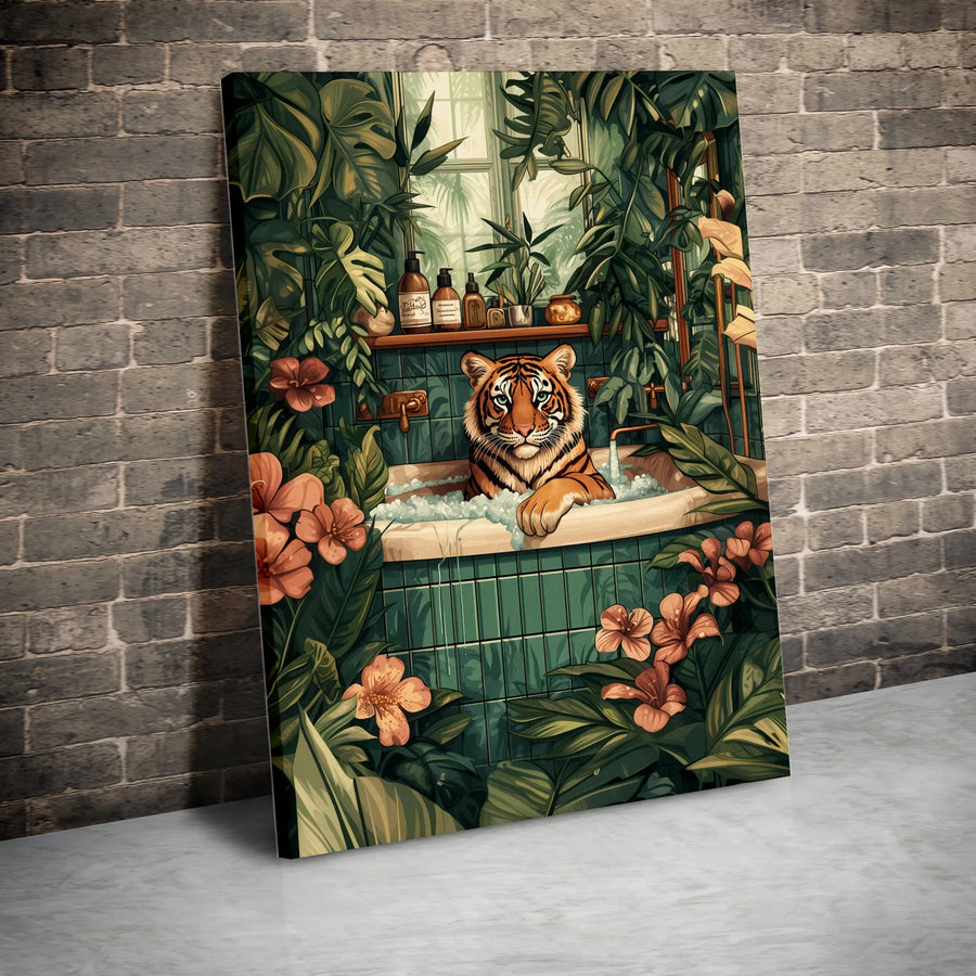 Tiger in Bathtub Vertical Canvas | Surreal Jungle Bathroom Art | Premium Canvas Print | Unique Botanical Gift for Animal Lovers