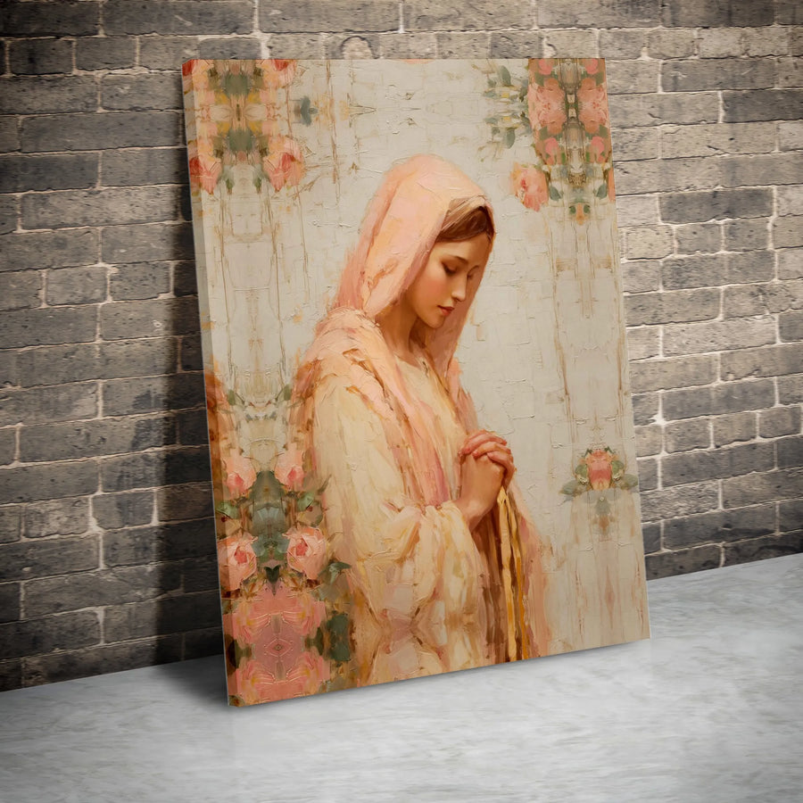 Virgin Mary Canvas Wall Art | Vintage Rose Religious Portrait | Premium Gallery Wrapped Canvas | Christian Home Decor Gift
