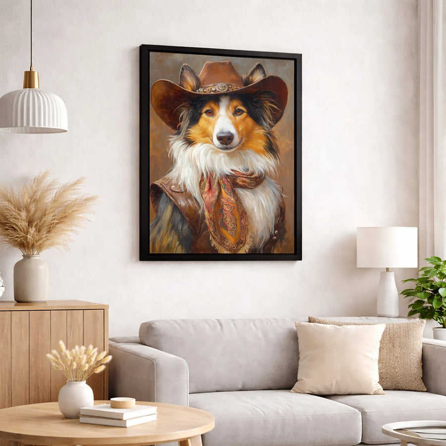 Shetland Sheepdog Cowboy Portrait Canvas | Western Dog Wall Art | Gallery Quality Fade-Resistant Print | Unique Gift for Sheltie Lovers