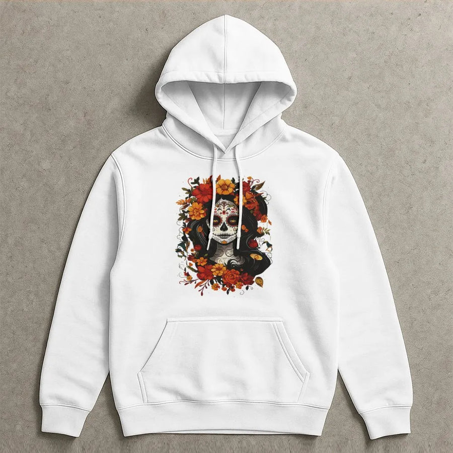 Sugar Skull Hoodie | Floral Day of the Dead Graphic | Premium Cotton Blend | Unisex Halloween Gift for Women and Men