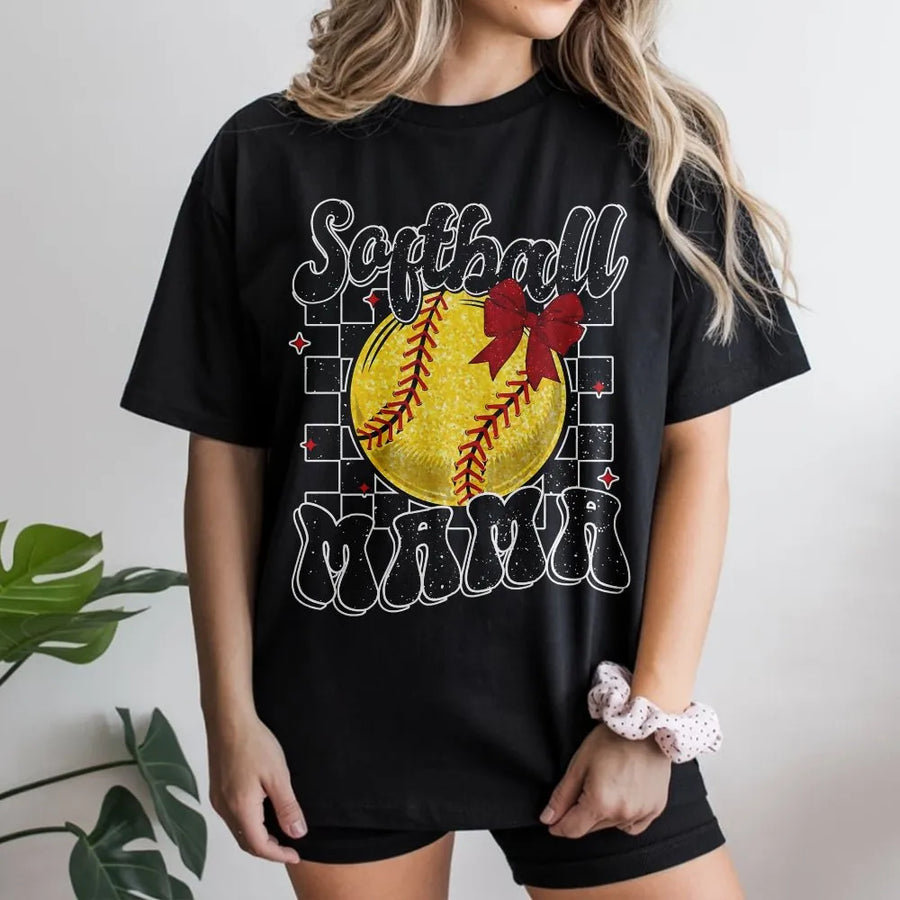 Softball Mama T-Shirt | Retro Checkered Game Day Shirt with Bow | 100% Cotton Premium Tee | Unique Sports Mom Gift for Her