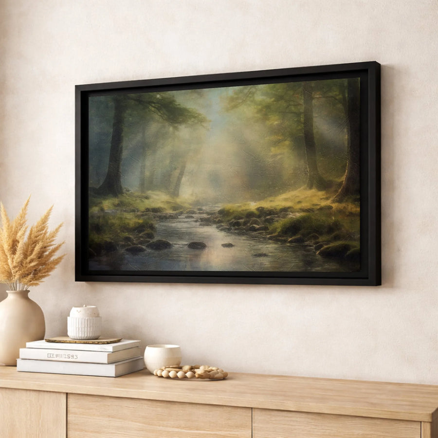 Misty Forest Landscape Canvas | Sunlight Beams Over Stream | Premium Gallery Wrap Wall Art | Nature Home Decor Gift