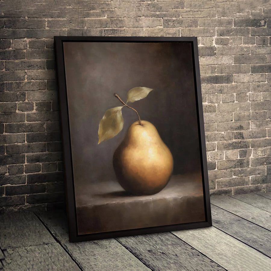 Golden Pear Still Life Canvas Print | Moody Dark Academia Wall Art | Premium Gallery-Wrapped Decor | Elegant Kitchen & Dining Room Gift