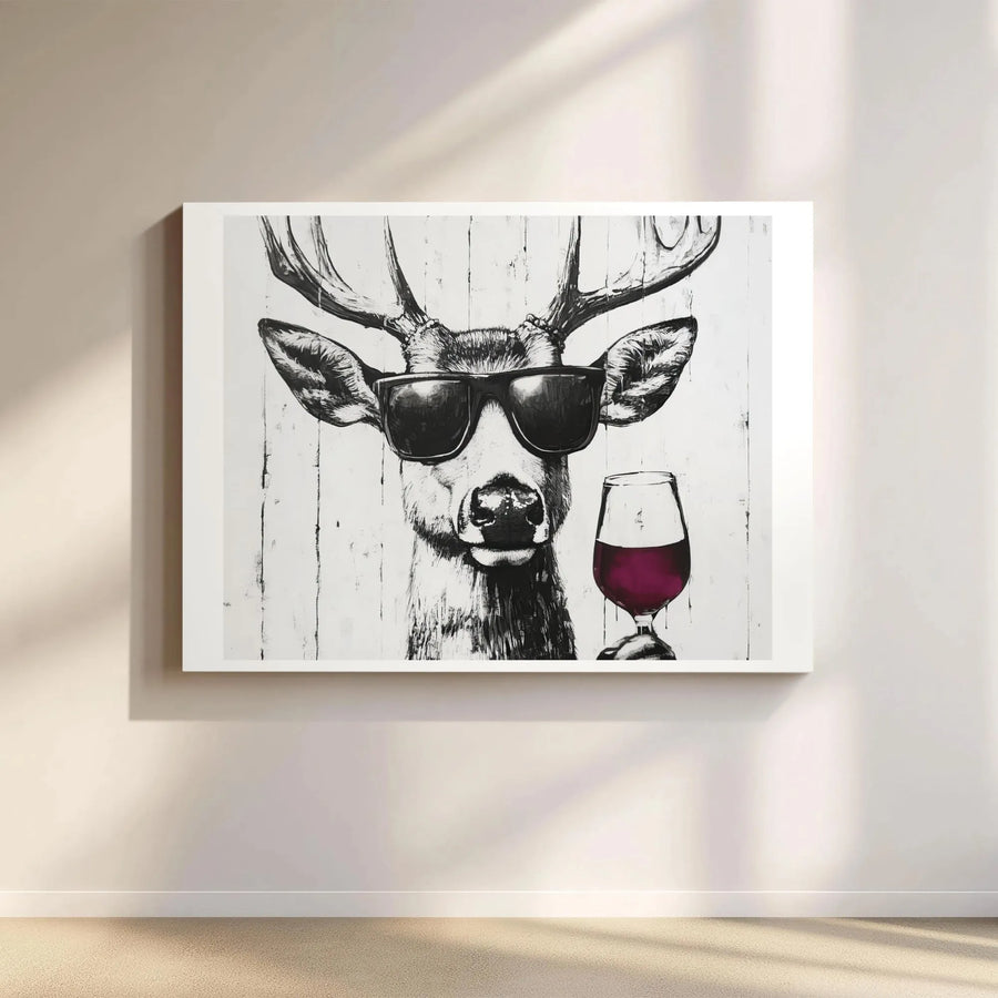 Deer Drinking Wine Canvas Wall Art | Funny Animal Portrait with Sunglasses | Premium Gallery Wrap Print | Modern Home Decor Gift for Wine Lovers