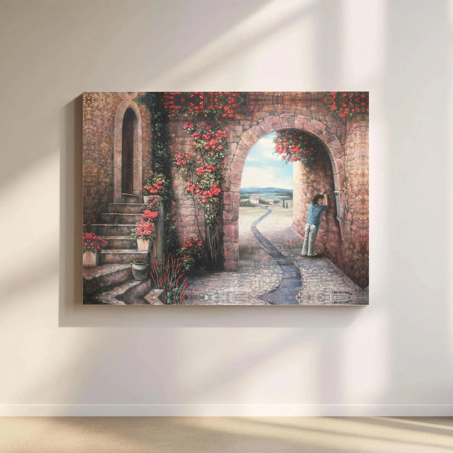 Tuscan Stone Archway Canvas Wall Art | Italian Landscape With Red Flowers | 1.25 Inch Gallery Wrap Premium Decor | Romantic Home Office Gift
