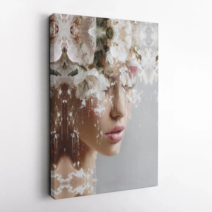 Abstract Floral Woman Canvas Art | Textured Flower Crown Portrait | Premium Gallery Wrap Canvas | Modern Living Room Wall Decor