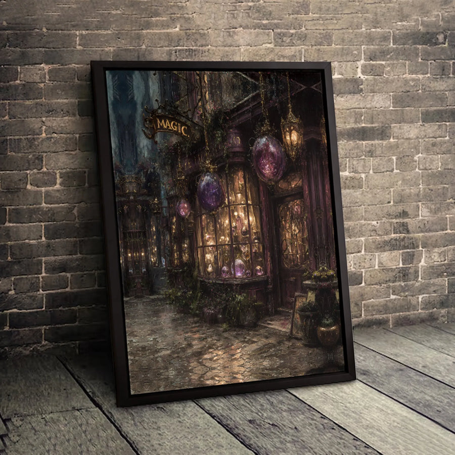 Magic Shop Canvas Print | Dark Academia Fantasy Wall Art | Gallery Quality Premium Decor | Enchanted Alleyway Gift for Book Lovers