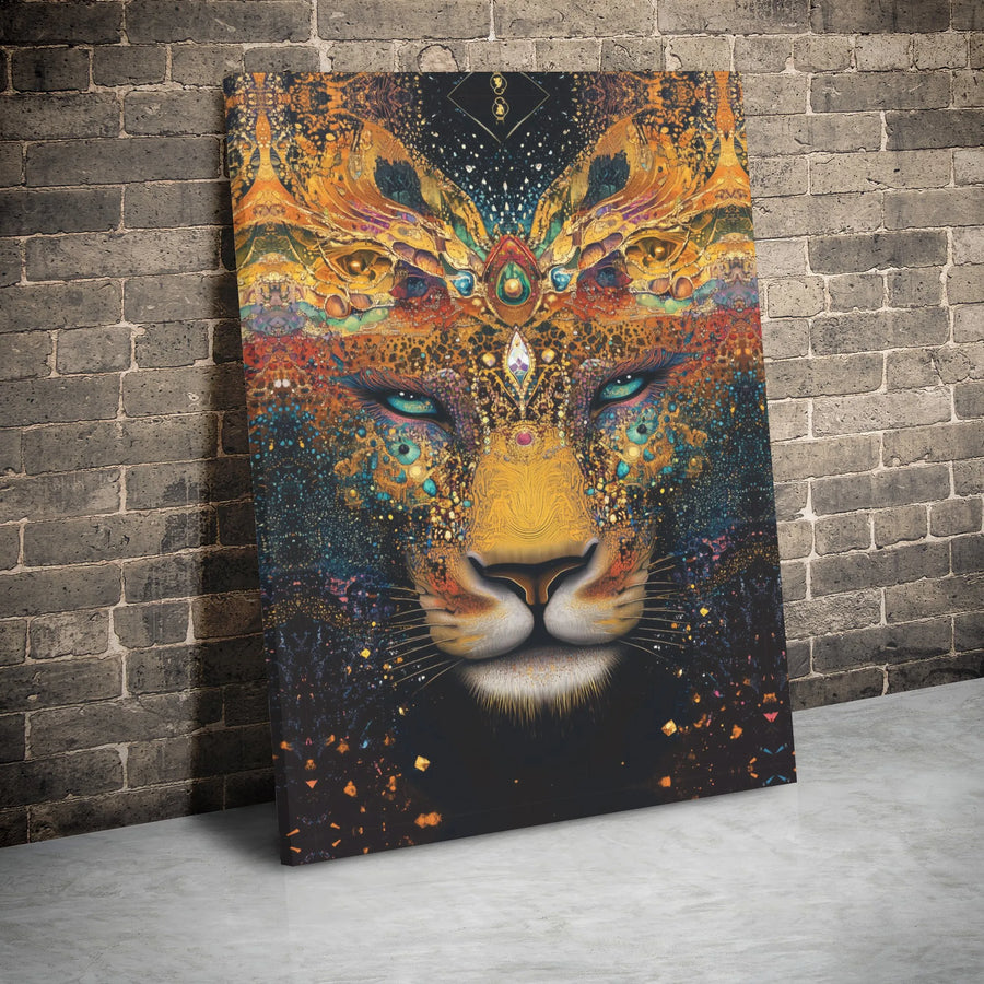 Psychedelic Lioness Canvas Wall Art | Cosmic Jeweled Headdress Print | Premium Gallery Wrapped Decor | Spiritual Animal Home Gift
