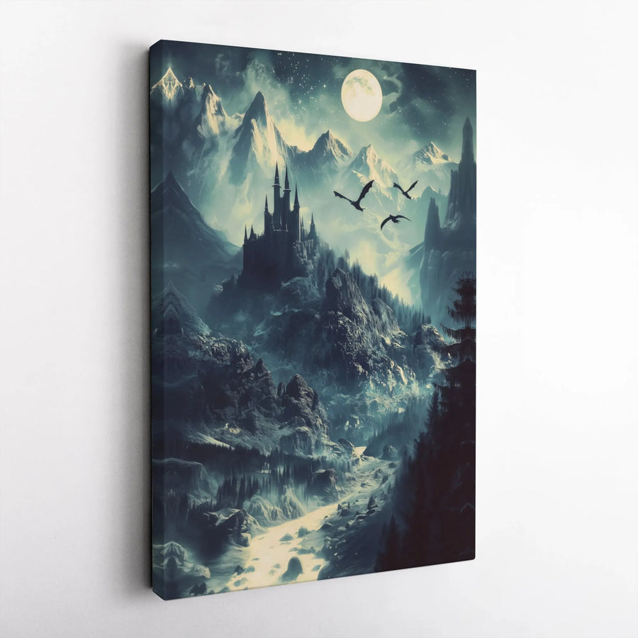 Gothic Castle Canvas Wall Art | Fantasy Mountain Landscape with Flying Dragons | Premium 1.25" Gallery Wrap | Dark Fantasy Decor for Home Office