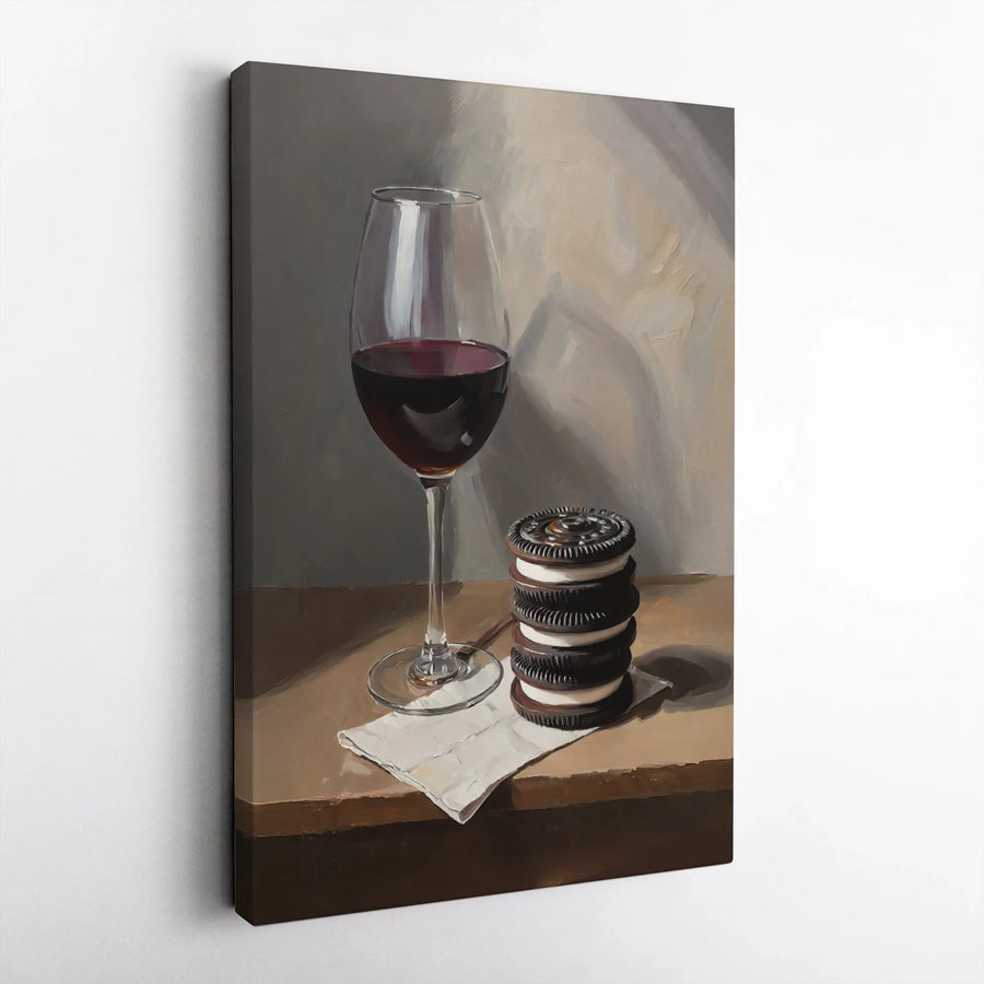 Still Life Wine and Cookie Canvas Print | Realistic Oil Painting Style Wall Art | Premium Gallery-Wrapped Canvas | Sophisticated Home Decor Gift