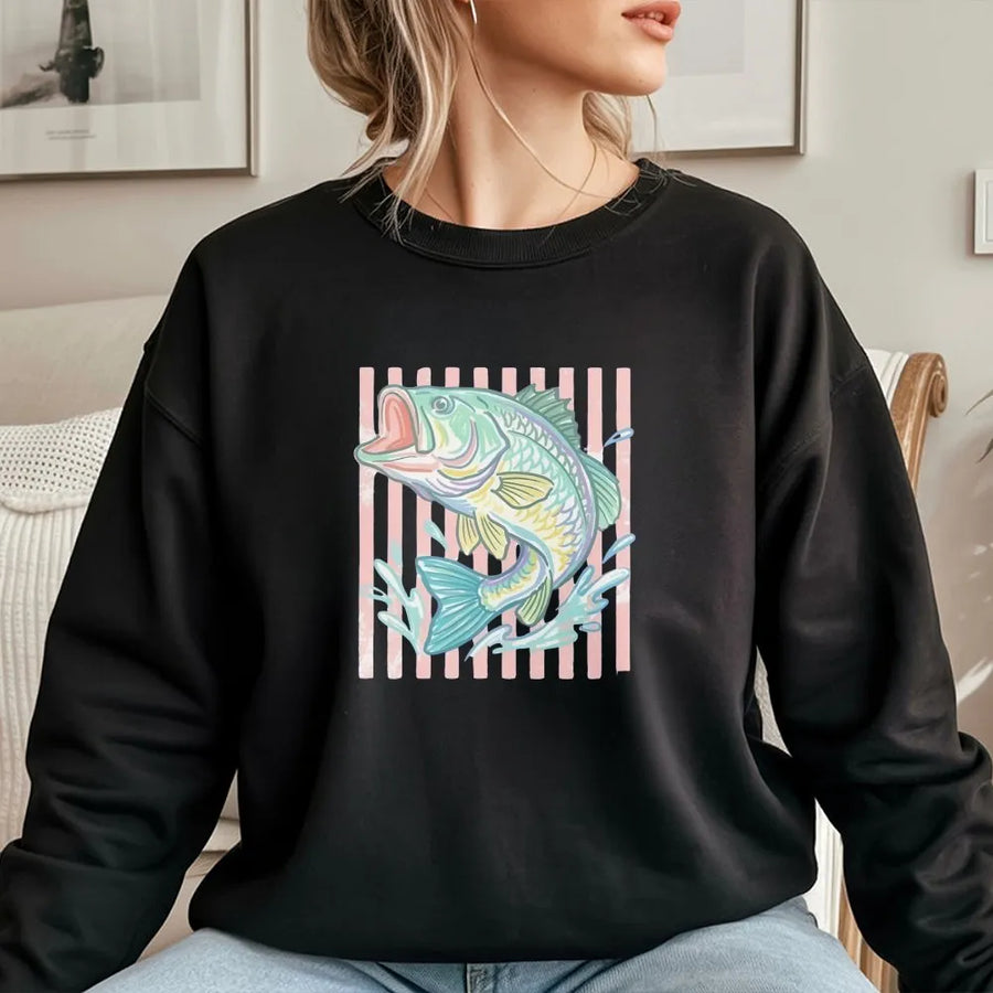 Retro Bass Fishing Sweatshirt | Pastel Fish Graphic with Coastal Aesthetic | Soft Cotton Blend Crewneck | Gift for Angler