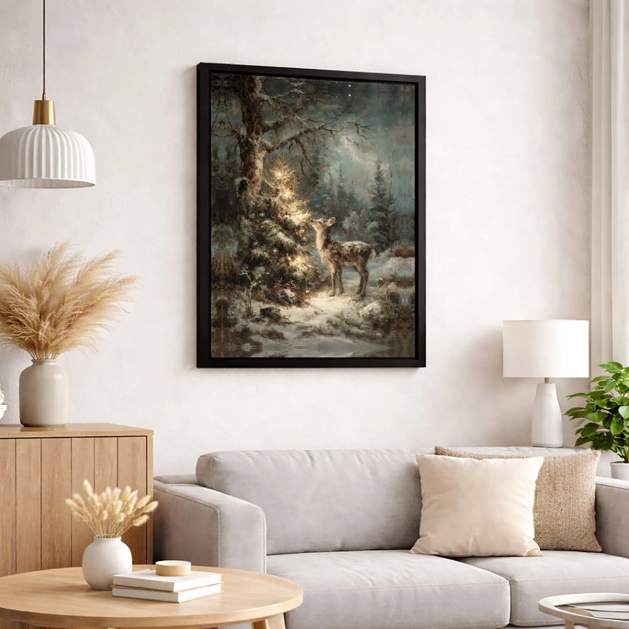 Winter Forest Fawn Canvas Print | Vintage Style Christmas Tree Art | Premium 1.25 Inch Gallery Wrap | Cozy Holiday Home Decor Gift