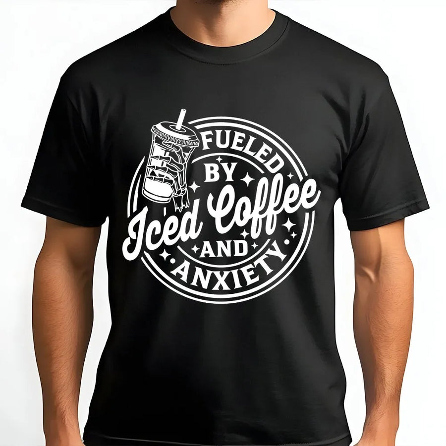 Fueled By Iced Coffee And Anxiety T-Shirt | Funny Mental Health Humor Graphic Tee | Premium Comfort Colors® Cotton | Sarcastic Gift for Her