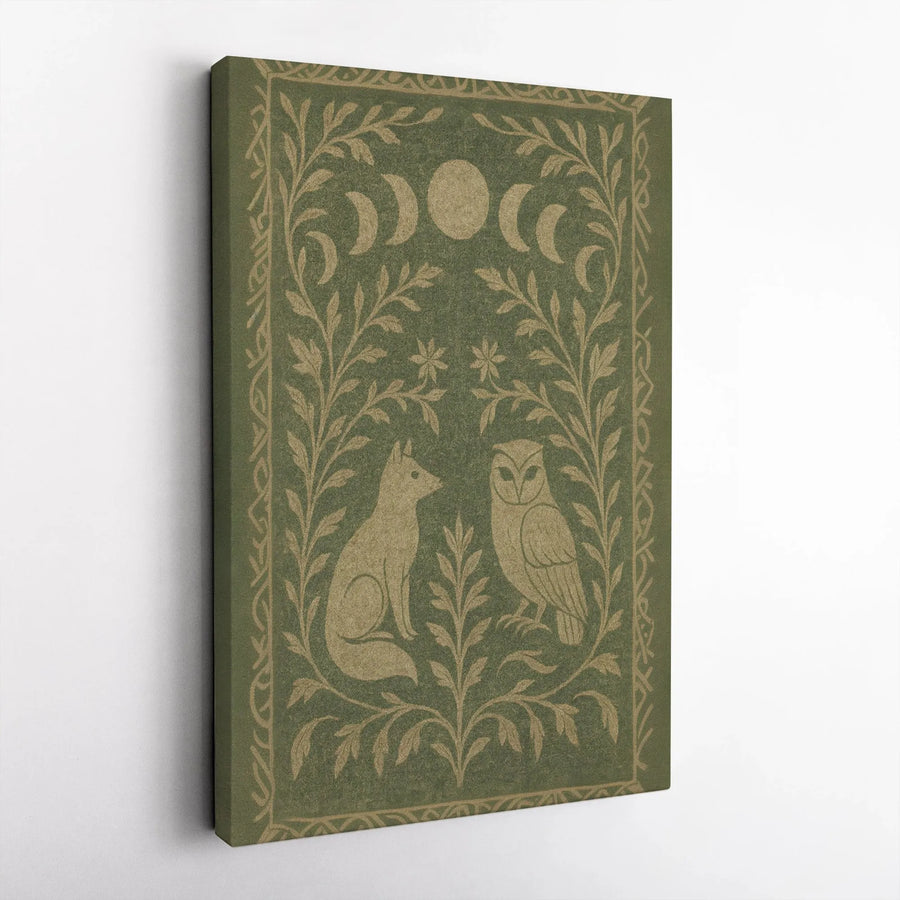 Fox and Owl Wall Art | Moon Phases Folk Art Illustration | Premium Gallery Wrapped Canvas | Forestcore Home Decor Gift