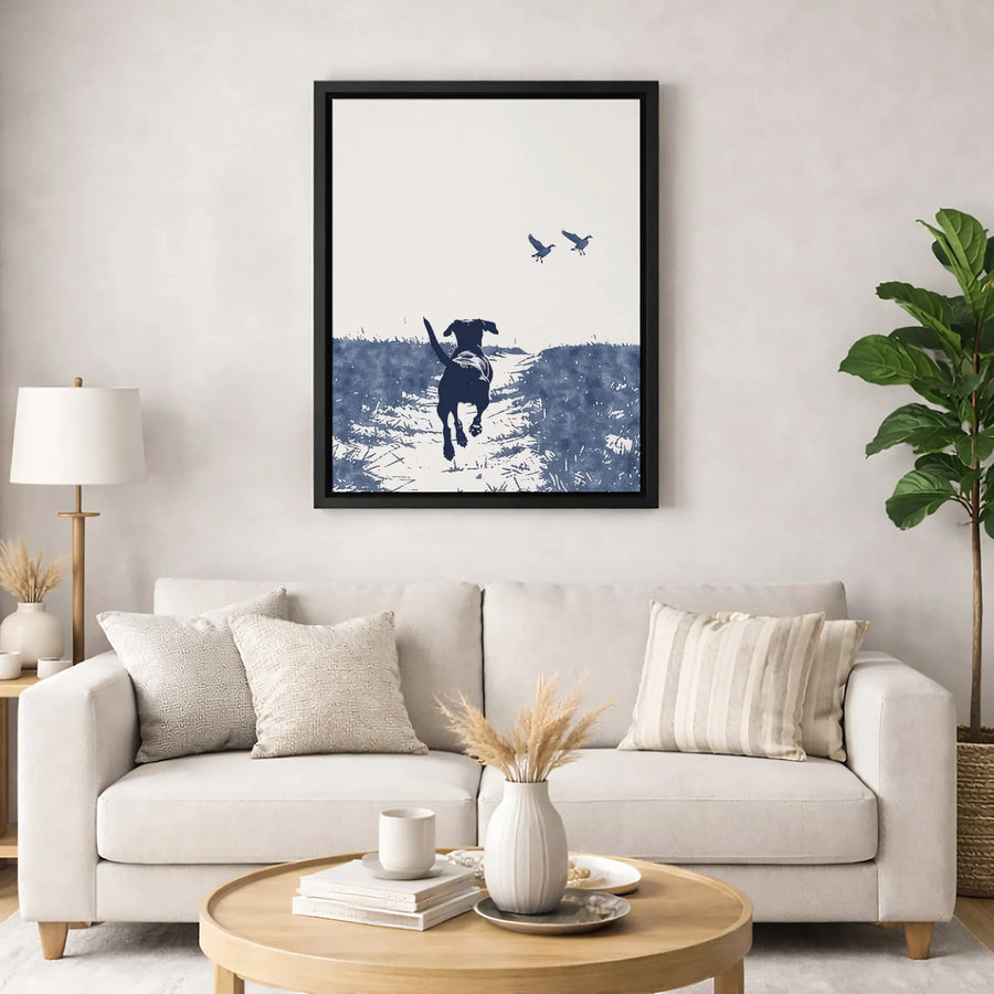 Labrador Retriever Canvas Print | Minimalist Hunting Dog Chasing Geese | Premium Fade-Resistant Wall Art | Rustic Dog Lover Gift Decor