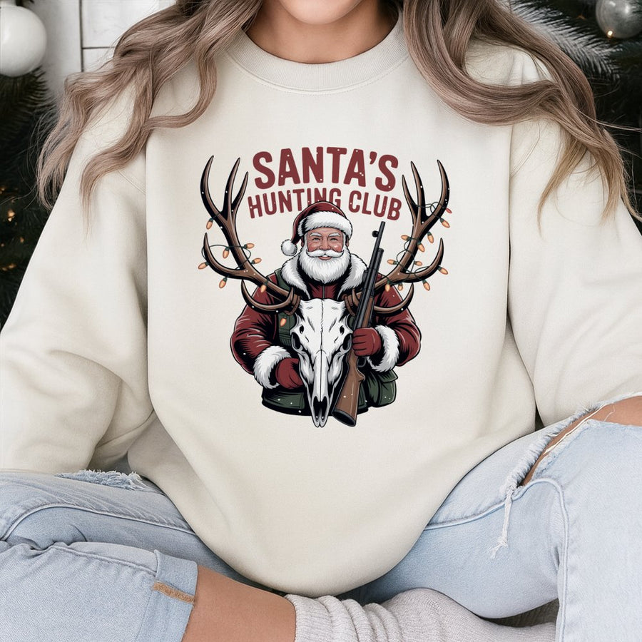 Santa’s Hunting Club Sweatshirt | Funny Christmas Deer Skull Graphic | Premium Cotton Blend | Gift for Hunters and Outdoorsmen