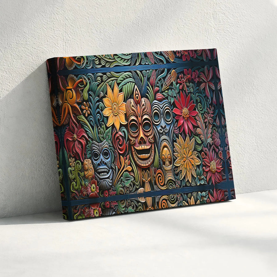 Tiki Mask Wall Art | Tropical Polynesian Wood Carving Style | Premium 1.25-Inch Canvas Print | Exotic Island Decor Gift