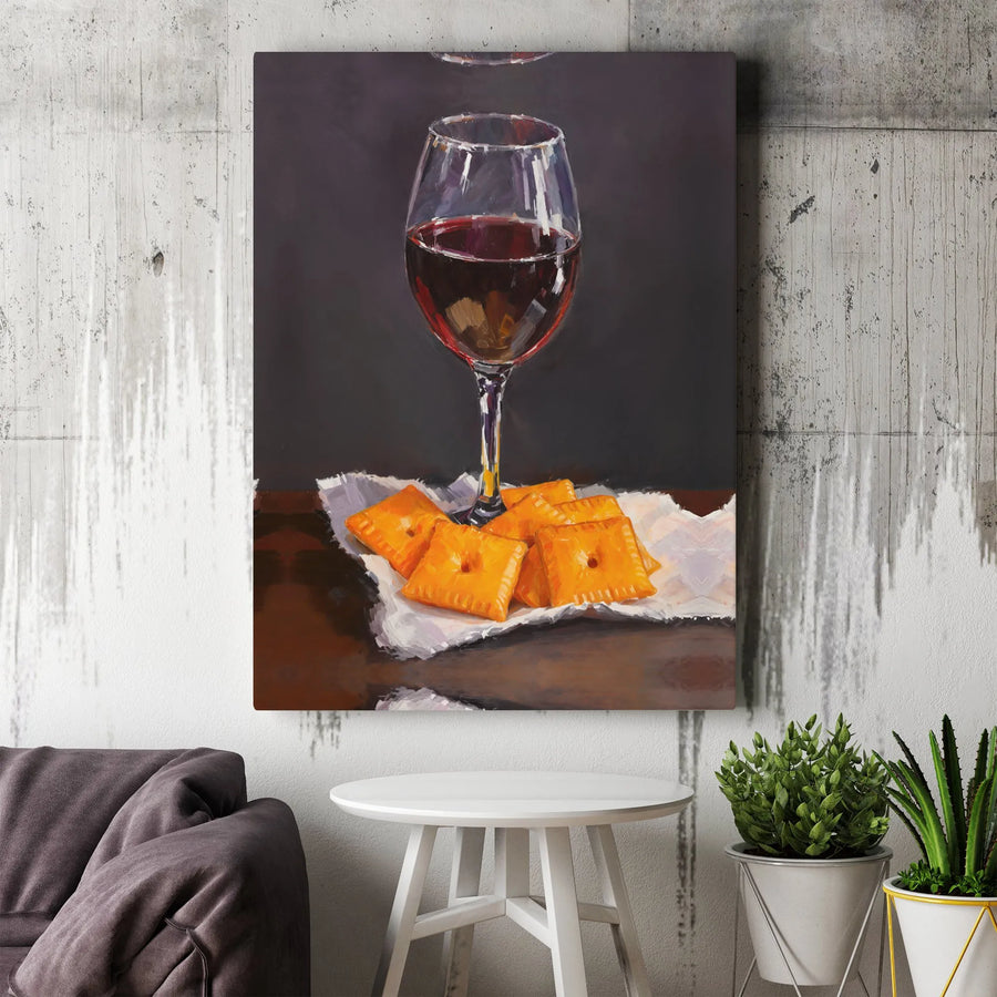 Wine and Crackers Still Life Canvas | Realistic Oil Painting Art | Premium Gallery Wrapped Decor | Kitchen and Bar Wall Art Gift