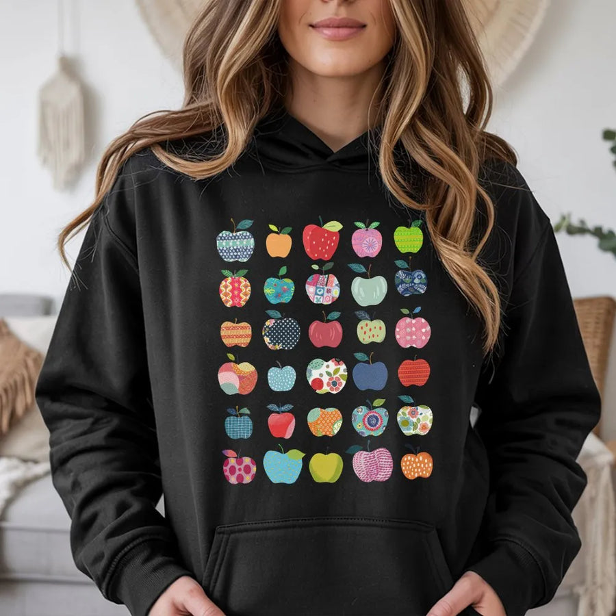 Teacher Apple Hoodie | Colorful Retro Apple Pattern | Soft Cotton Tee | Back to School Teacher Appreciation Gift