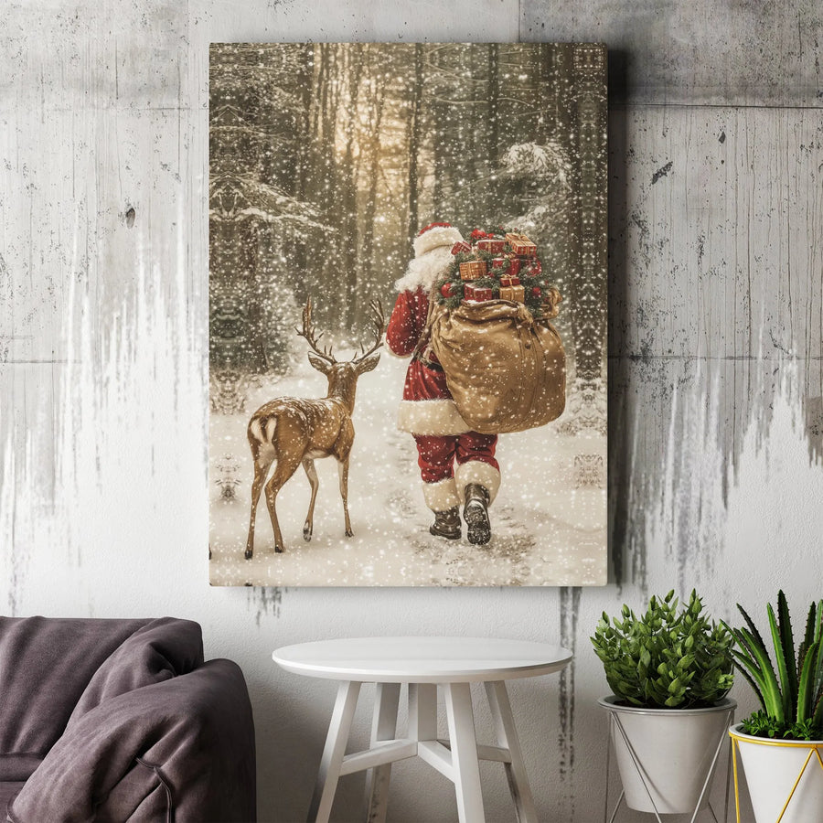 Santa and Reindeer Canvas Wall Art | Snowy Forest Christmas Scene | Gallery Wrapped Premium Print | Festive Holiday Home Decor Gift
