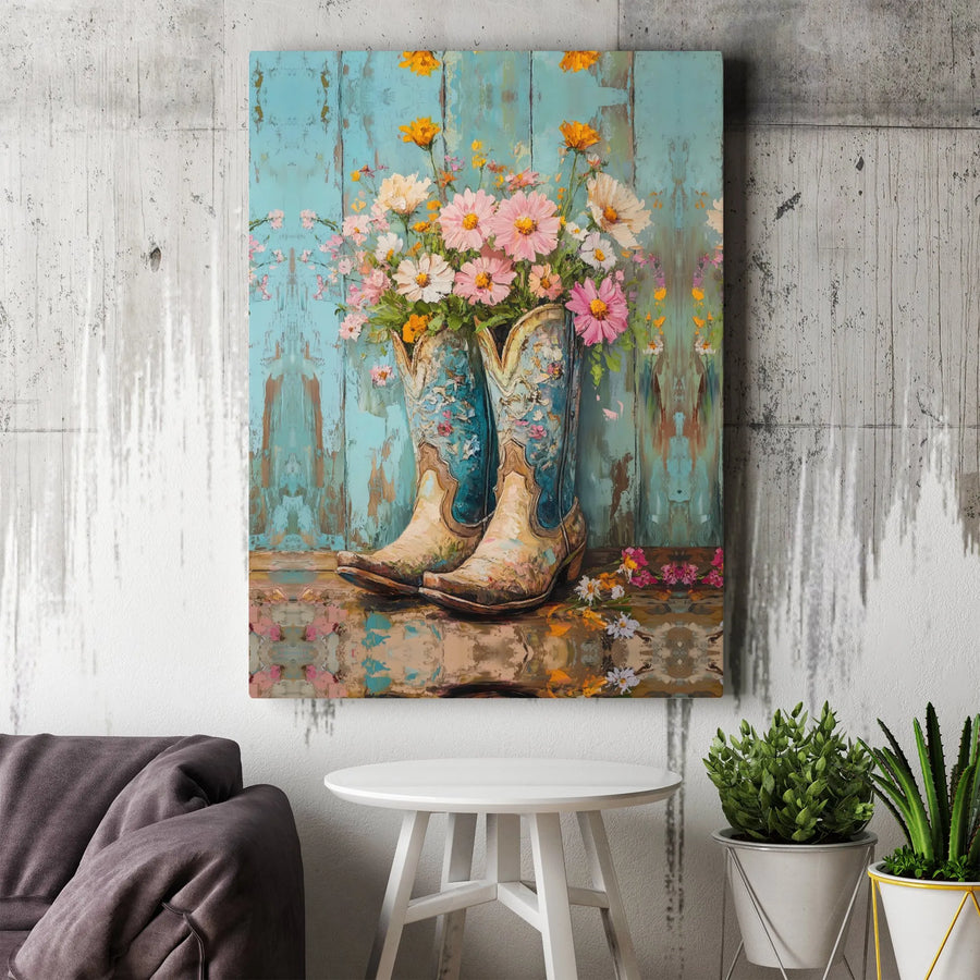 Rustic Cowboy Boots Canvas Art | Wildflower Bouquet Farmhouse Decor | Premium Gallery Wrap Wall Hanging | Western Country Home Gift