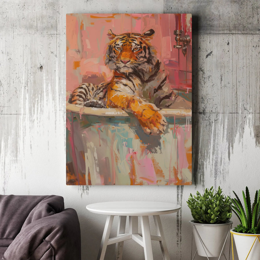Tiger In Bathtub Canvas Wall Art | Whimsical Animal Portrait Painting | 1.25" Gallery Wrap Premium Print | Unique Home & Office Decor Gift