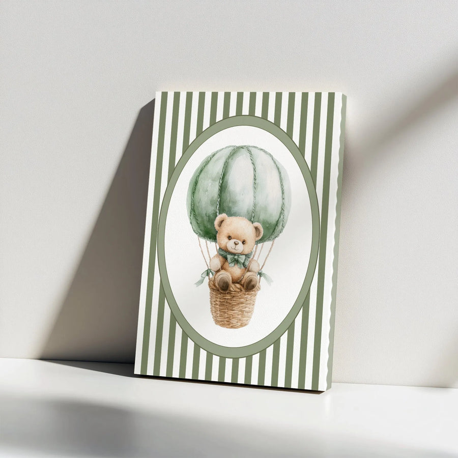 Teddy Bear Hot Air Balloon Canvas Wall Art | Watercolor Nursery Print with Green Stripes | Premium Gallery Wrapped Canvas | Kids Room Decor Baby Shower Gift