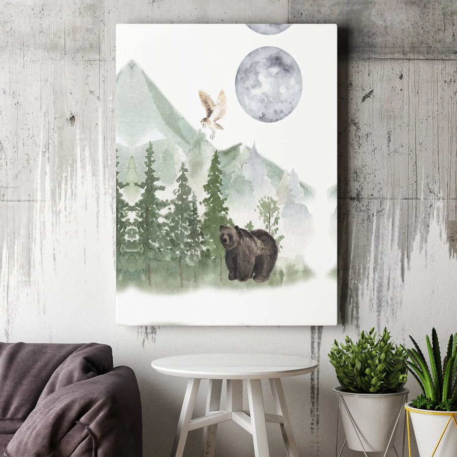 Watercolor Bear and Owl Canvas Wall Art | Misty Forest Landscape with Moons | Premium Gallery Wrapped Decor | Nature Lover Gift
