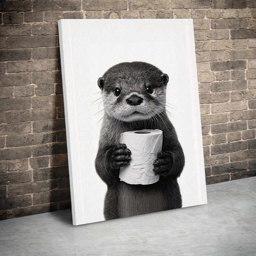 Funny Otter Bathroom Canvas | Cute Animal Holding Toilet Paper | Premium Gallery Wrap | Whimsical Restroom Decor Gift