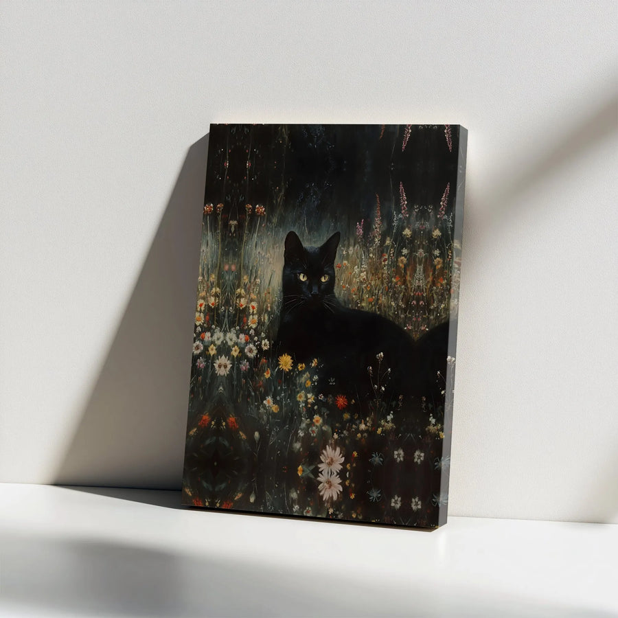 Black Cat Canvas Wall Art | Moody Wildflower Garden Print | Premium Gallery-Wrapped 1.25" Frame | Botanical Home Decor for Cat Lovers