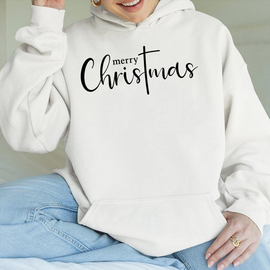 Merry Christmas Cross Hoodie | Faith-Based Religious Graphic Design | Premium Cotton-Blend Fleece | Cozy Holiday Gift for Christian Women and Men