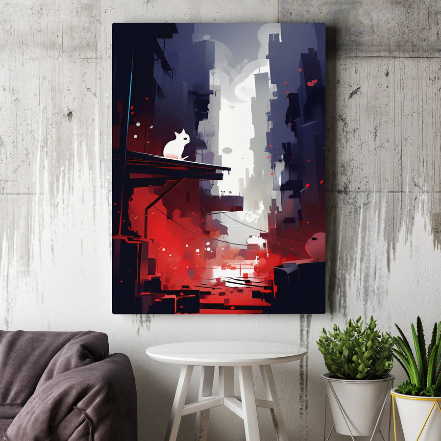 White Cat Canvas Wall Art | Cyberpunk Dystopian Cityscape Print | Gallery Wrapped Premium Decor | Modern Minimalist Gift For Cat Lovers