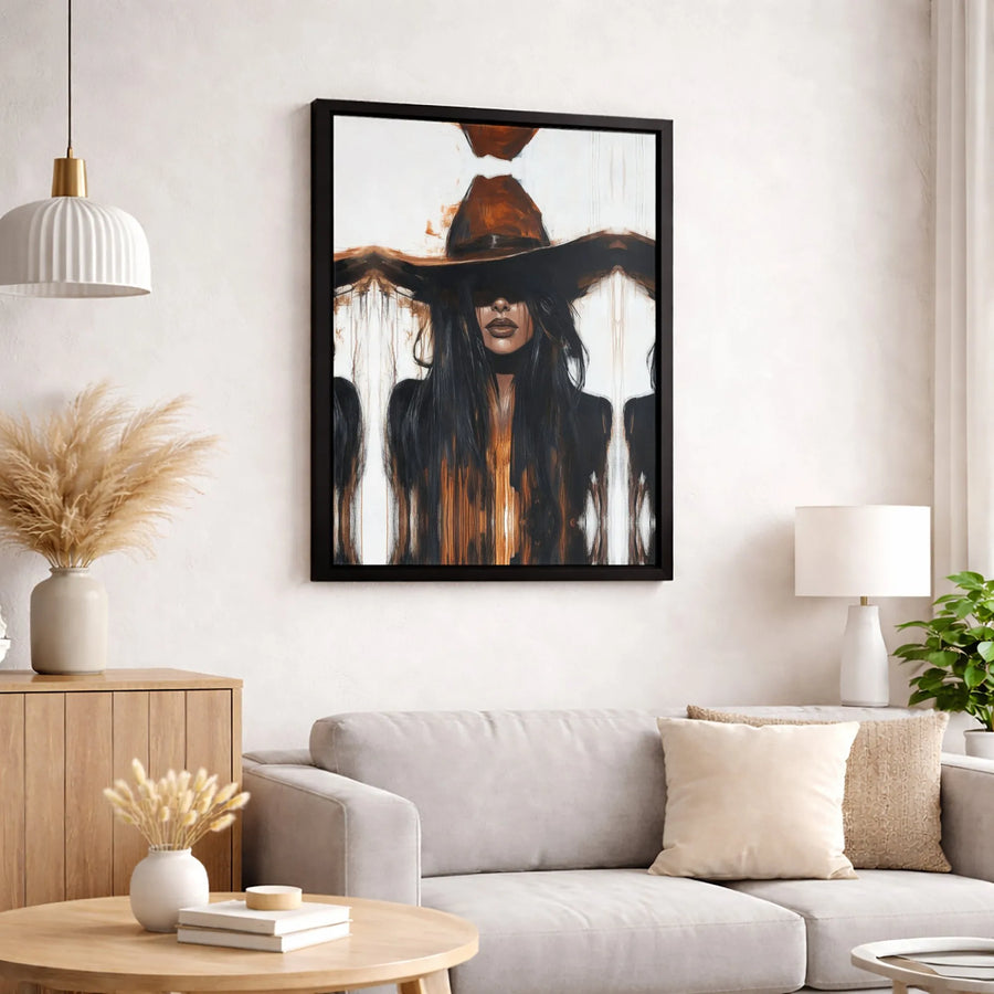 Abstract Woman Wall Art | Mysterious Wide-Brimmed Hat Portrait | Gallery-Quality Canvas Print | Modern Boho Home Decor For Living Room