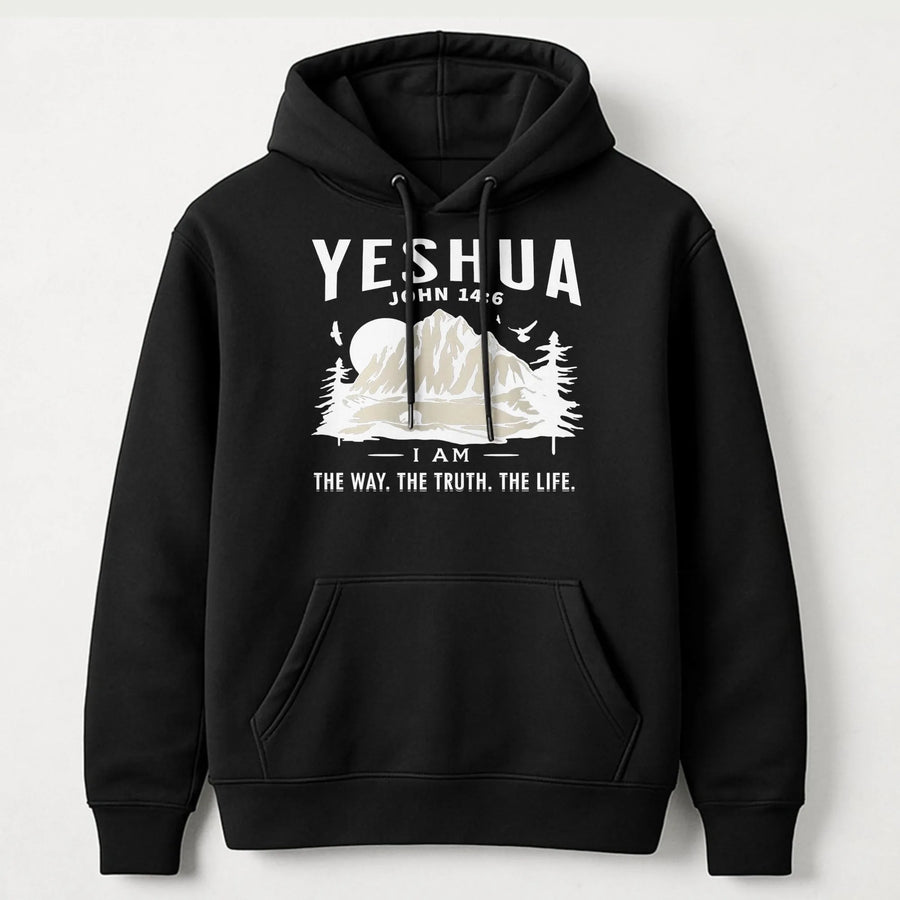 Yeshua Christian Hoodie | John 14:6 Bible Verse Mountain Nature Graphic | Premium Cotton Blend | Faith-Based Gift For Men And Women