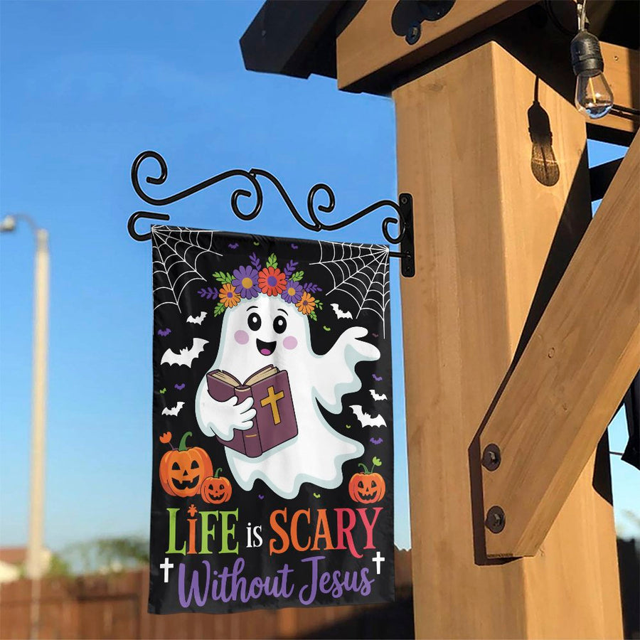 Life Is Scary Without Jesus Garden Flag | Cute Christian Ghost Pumpkin Design | Premium Weather-Resistant Polyester | Faith-Based Halloween Outdoor Decor