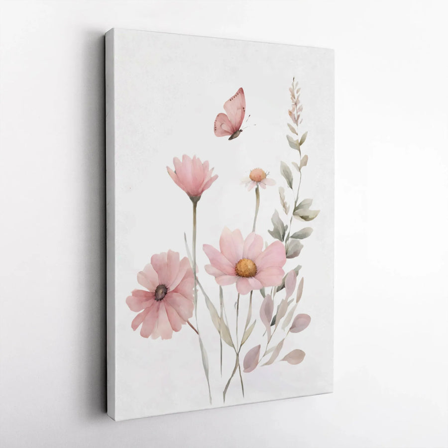 Watercolor Pink Wildflowers Canvas Wall Art | Soft Floral Botanical Print | Premium 1.25-inch Gallery Wrap | Modern Farmhouse Living Room Decor