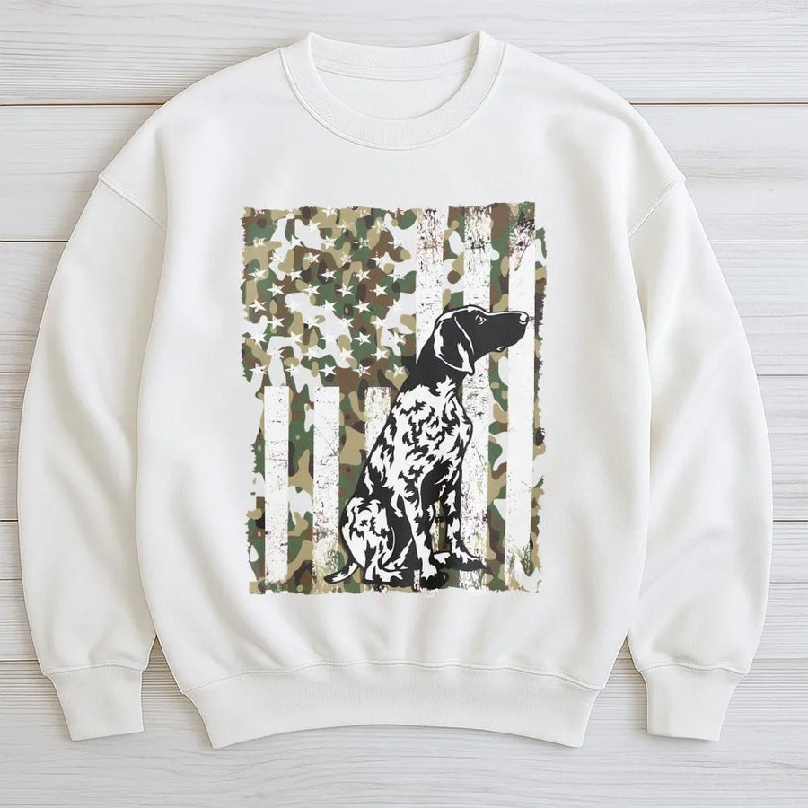 German Shorthaired Pointer Sweatshirt | Grunge Camo American Flag Design | Premium Cotton Blend | Gift for Hunting Dog Lovers & GSP Owners