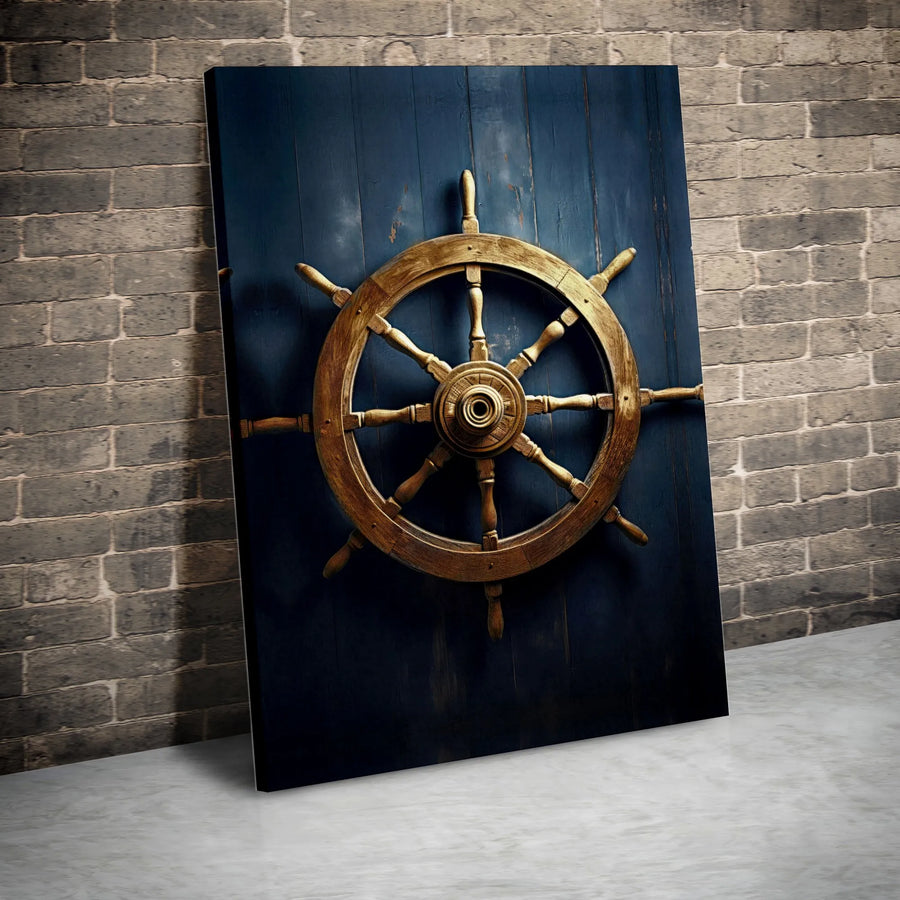 Nautical Ship Wheel Canvas Wall Art | Rustic Wooden Steering Helm Decor | Premium Gallery Wrap Print | Coastal Home Office Gift