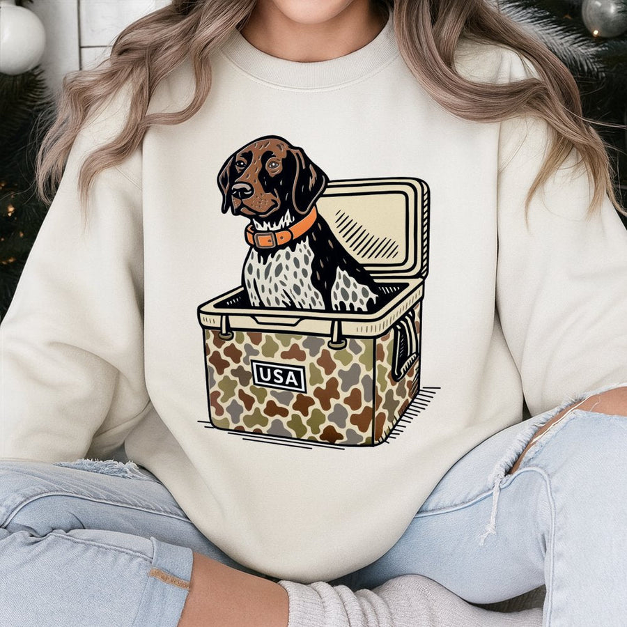 German Shorthaired Pointer Sweatshirt | Hunting Dog in Camo Cooler Graphic | Premium Cotton Blend | Gift for GSP Dog Owners and Hunters