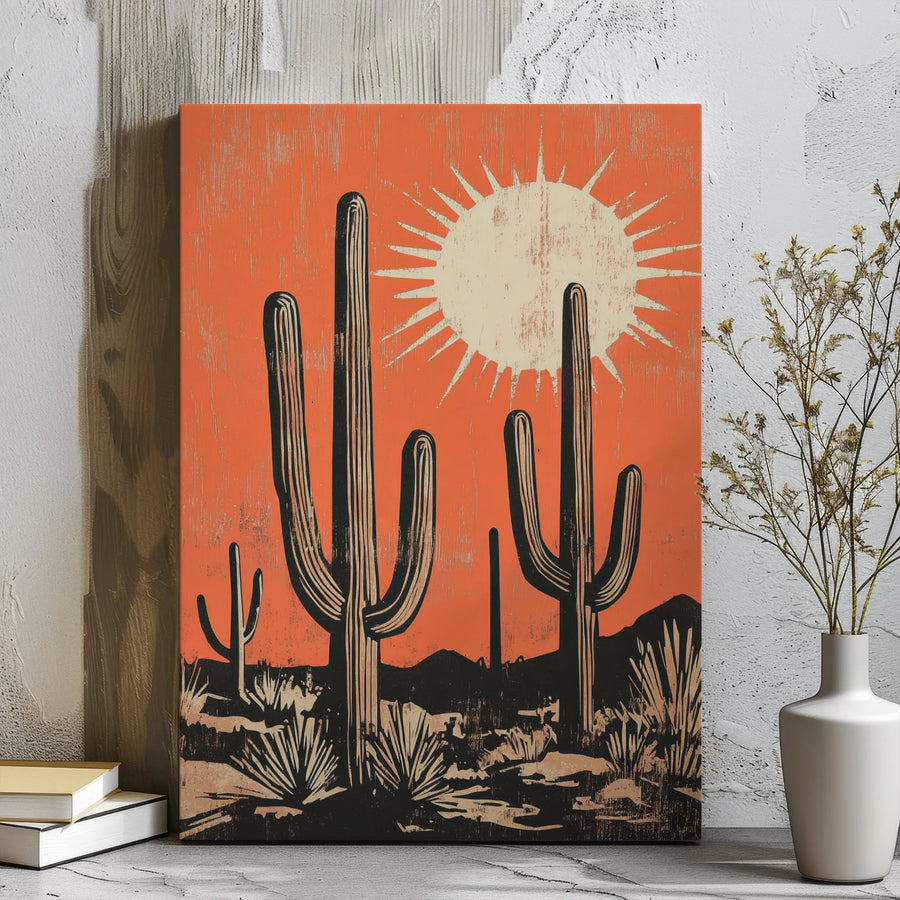 Saguaro Cactus Desert Canvas Wall Art | Mid Century Modern Sun Landscape | Premium Gallery Wrap Decor | Southwestern Home Office Gift