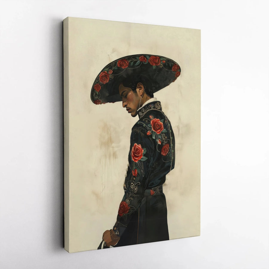 Mariachi Canvas Wall Art | Charro Suit With Red Roses Portrait | Premium Gallery Wrap Print | Mexican Culture Home Decor Gift